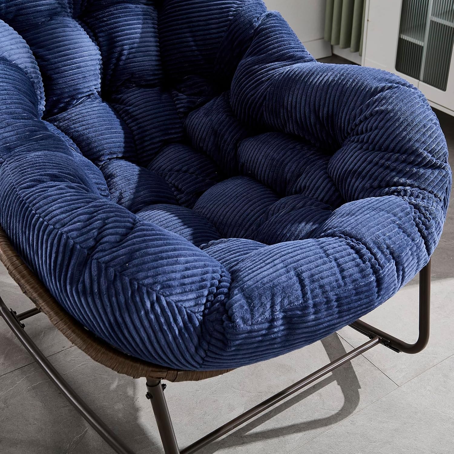 Rattan Rocking Chair for Indoor Outdoor Patio Oversized Wicker Egg Chair with Steel Frame Corduroy Padded Cushion Rocker Recliner Chair Comfy Lounger Papasan Chair for Living Room Garden, Navy Blue