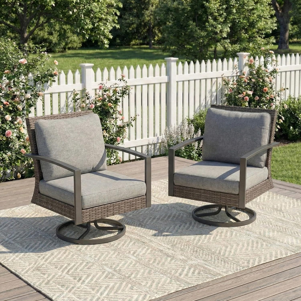 Green4ever Patio Swivel Dining Chairs Set of 2 with 360-Degree Rotating, Metal Outdoor Rocking Chair, All Weather Rattan Patio Chairs for Balcony, Porch, Bistro, Gray
