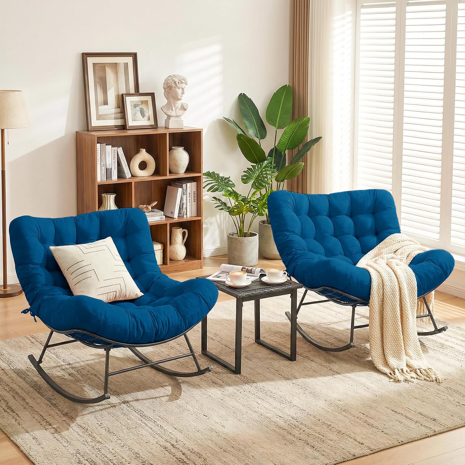 Outdoor Rocking Chairs Set of 2 with Wicker Side Table, Thick Cushioned Papasan Rocking Chairs with End Table, 3PCS Oversized Egg Chair Set for Patio, Porch, Balcony, Bedroom, Living Room, Navy Blue