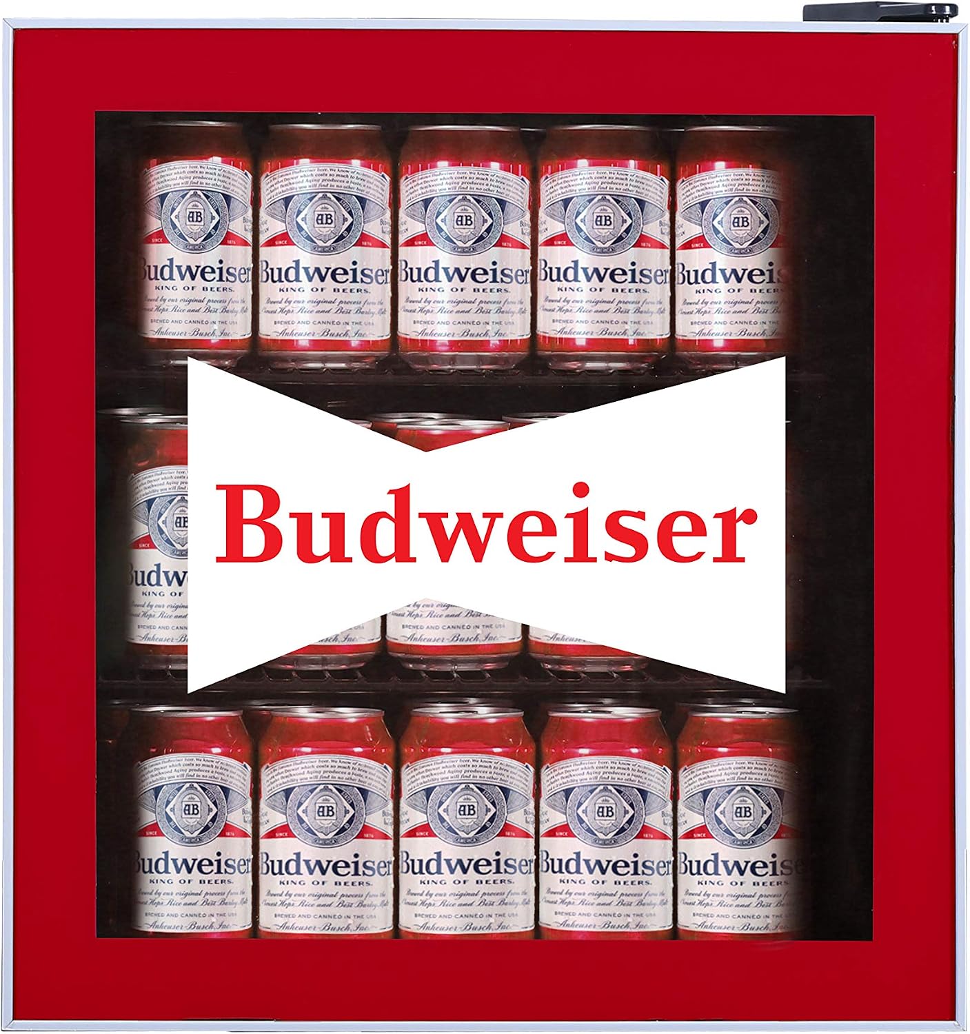 CURTIS MIS168BUD Budweiser Mini Beverage Cooler - 70 Can or 17 Bottles Beer Fridge with Glass Door for Soda + Adjustable Thermostat, Perfect for Home, Office, or Dorm, 1.8 cu ft