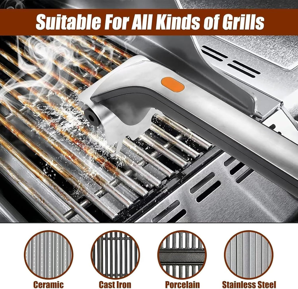 Electric Grill Brush, Stainless Steel Rechargeable Barbecue Cleaning Brush, with 2 Brush Heads, Built-in 100ML Water Tank, 360° Rotating, for Outdoor Grilling Scenes,BatteryModel