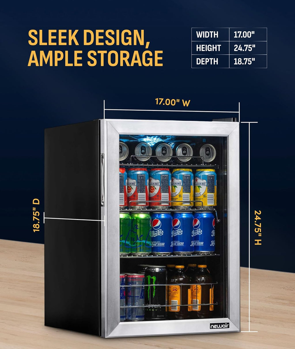 NewAir 90 Can Beverage Refrigerator | 17' Freestanding Small Mini Fridge for Bedroom, Home Bar or Office | Quiet Compressor Cooling & Adjustable Shelves | Stainless Steel