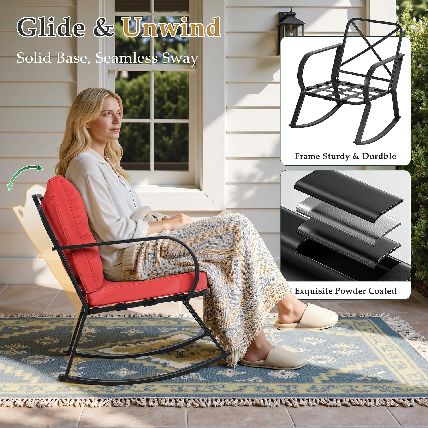 Oakcloud Oakmont Outdoor Furniture 3 Piece Conversation Bistro Set Rocking Chairs and Glass Top Table, Thick Cushions, Black Steel (Red)
