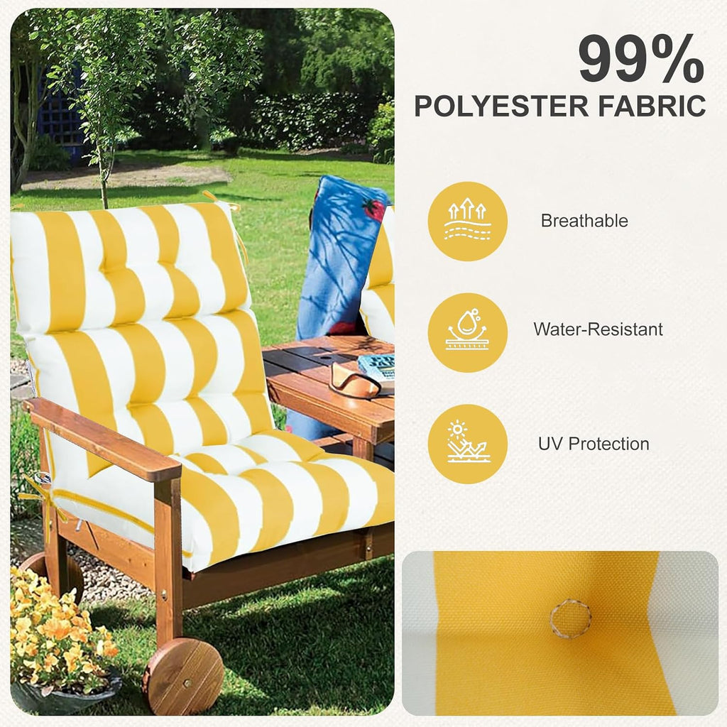Outdoor High Back Chair Cushions 2-Pack, 44'x22'x 4' Fade-Resistant Waterproof Tufted Pads with Ties for Patio Rocking & Adirondack Chairs (Yellow White)