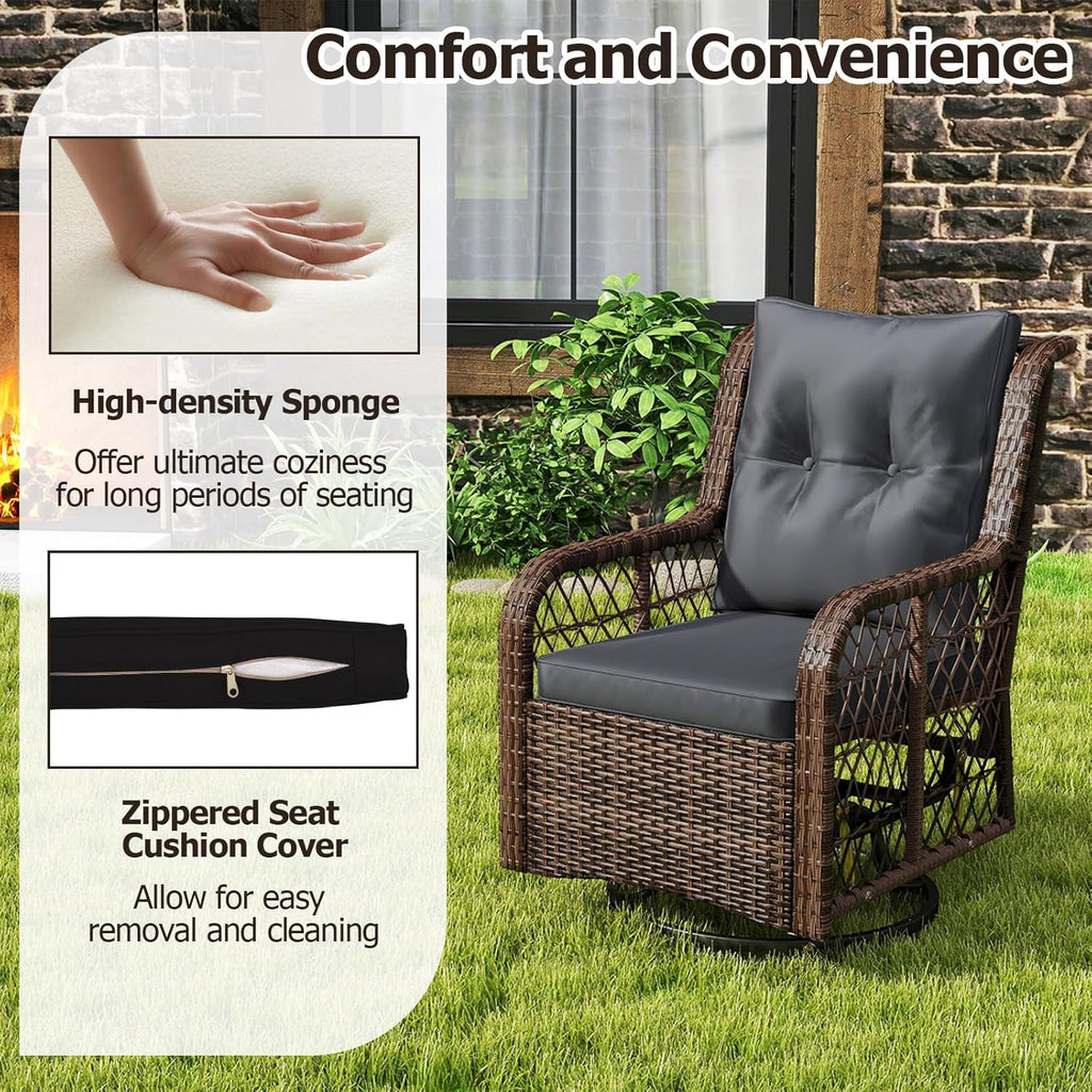 Tangkula 3 Pieces Outdoor Swivel Rocker Set, Rattan Wicker Patio Rocking Cushioned Chairs Set of 2 with Small Side Table, for Backyard, Poolside, Balcony, Lawn, Deck