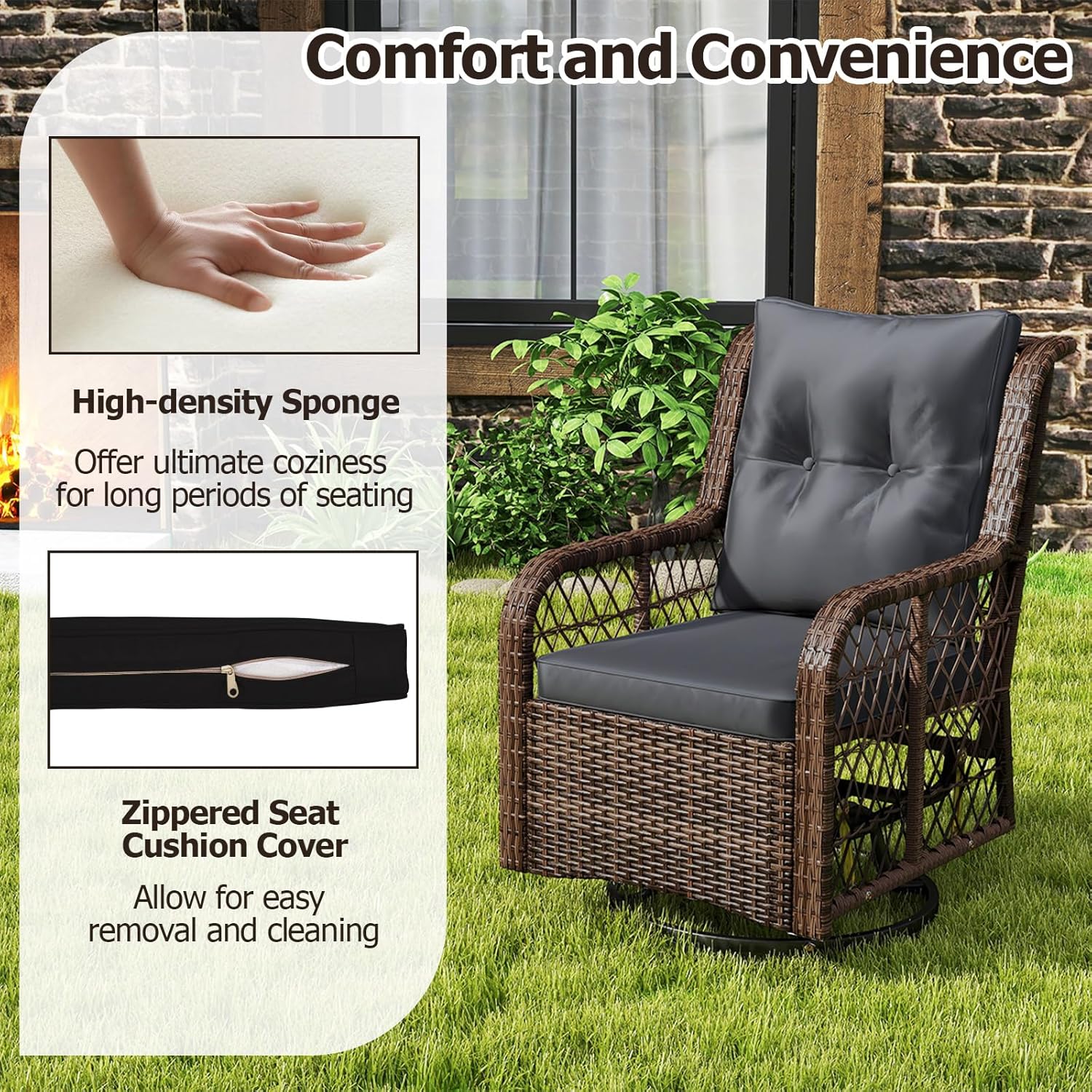 Tangkula 3 Pieces Outdoor Swivel Rocker Set, Rattan Wicker Patio Rocking Cushioned Chairs Set of 2 with Small Side Table, for Backyard, Poolside, Balcony, Lawn, Deck