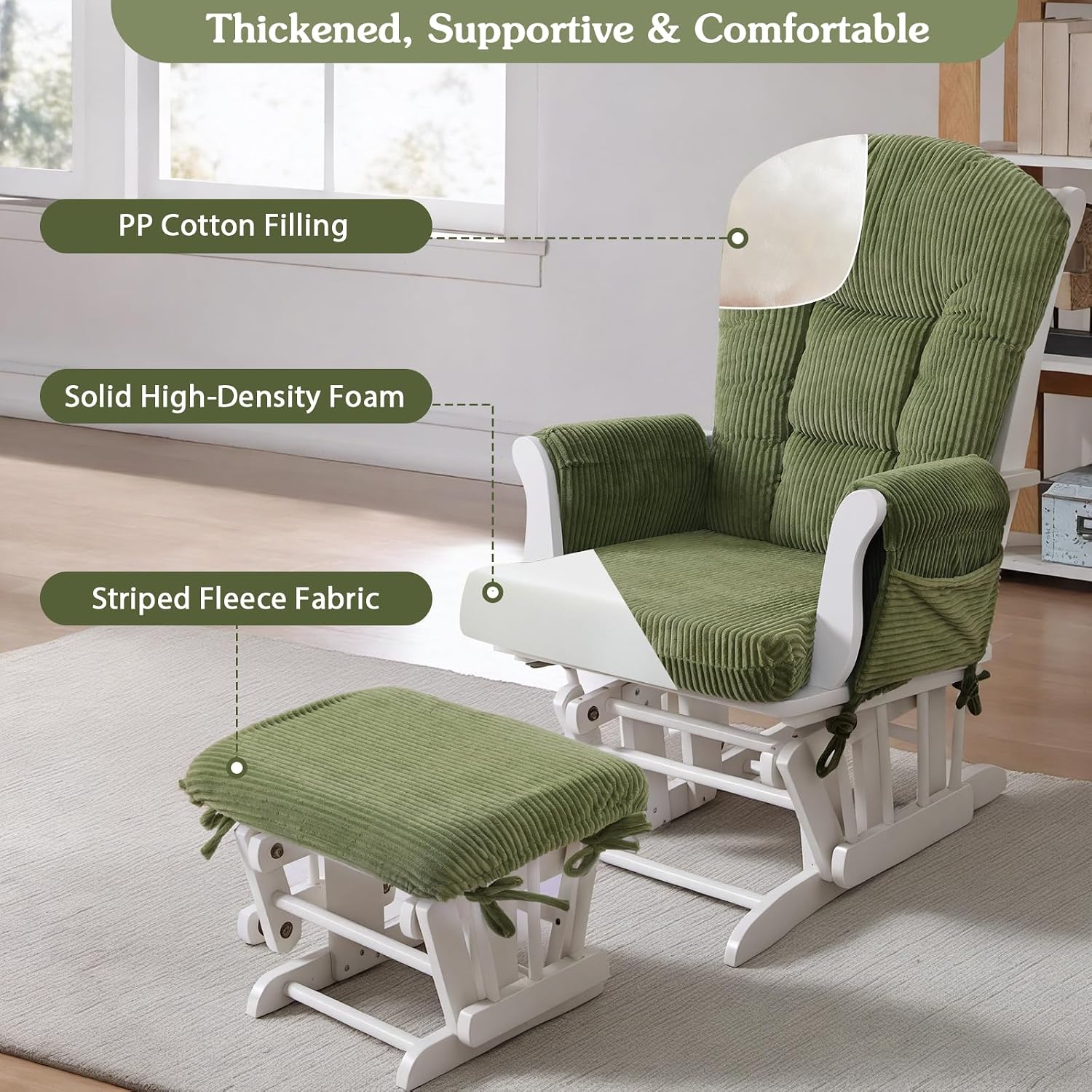ANMINY 5pcs Glider Rocker Replacement Cushions Set - Thickened Fleece Glider Rocking Chair Cushions with 29.5 inch High Backrest & Side Pockets for Indoor Nursery, Washable & Non Slip, Green