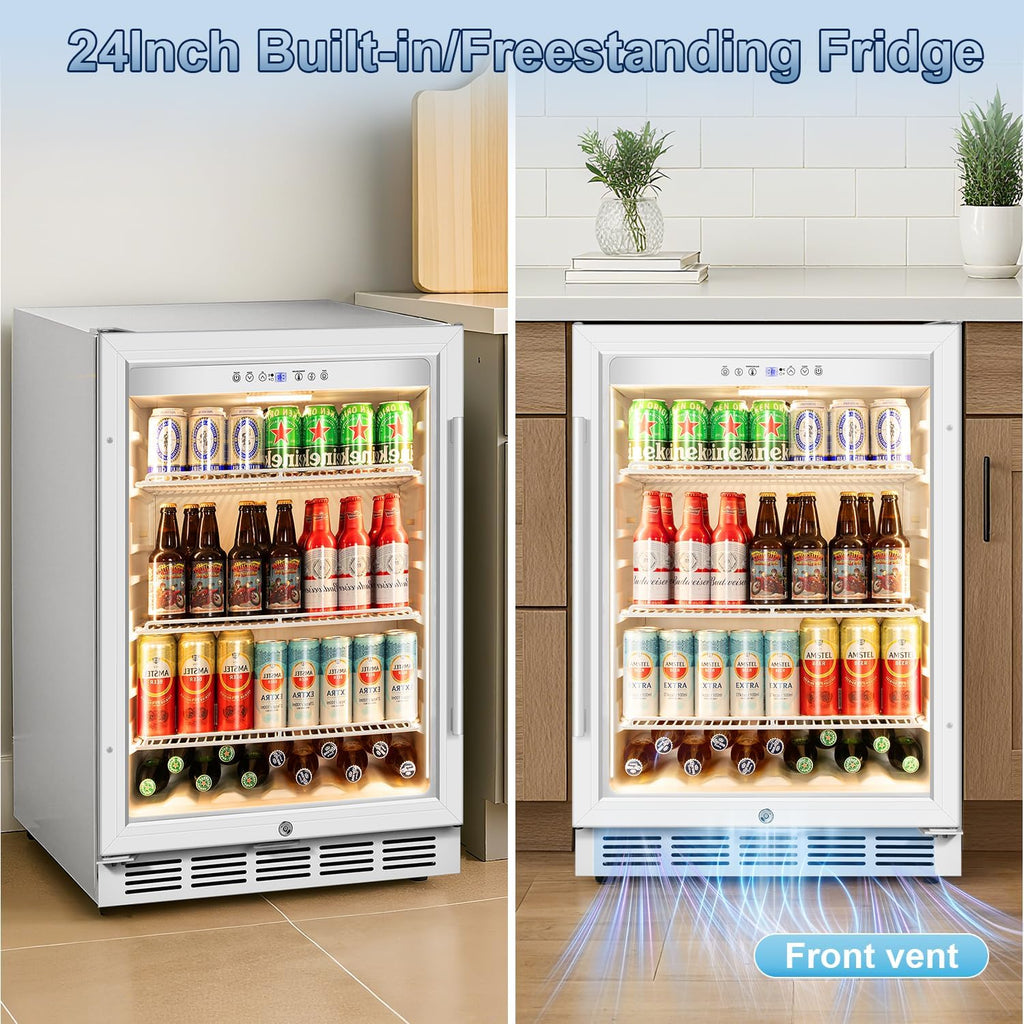 Velivi Beverage Refrigerator, 4.9 Cubic Feet Undercounter/Freestanding 24 Inch Beverage Fridge with Glass Door, LED Light, Safety Lock, Touch Control, Low Noise (White)