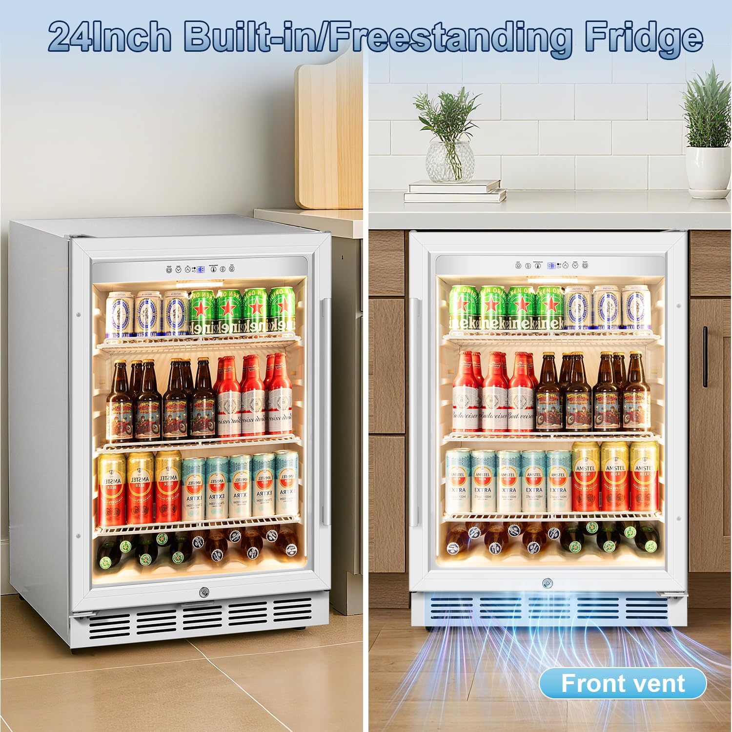 Velivi Beverage Refrigerator, 4.9 Cubic Feet Undercounter/Freestanding 24 Inch Beverage Fridge with Glass Door, LED Light, Safety Lock, Touch Control, Low Noise (White)