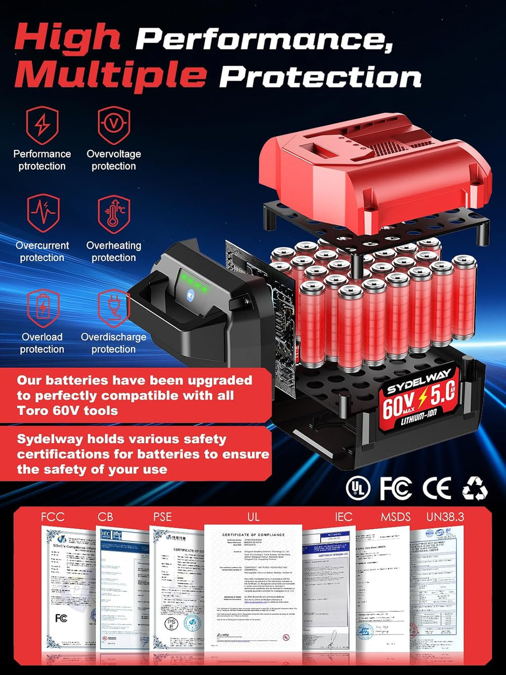5.0Ah Replacement for Toro 60V Battery 88620 88675 L108 L324 L135, Compatible with Toro Flex Force 60 Volt Power System Tools & Chargers 88602 88605 88610, with 4 LED On Board Power Meter