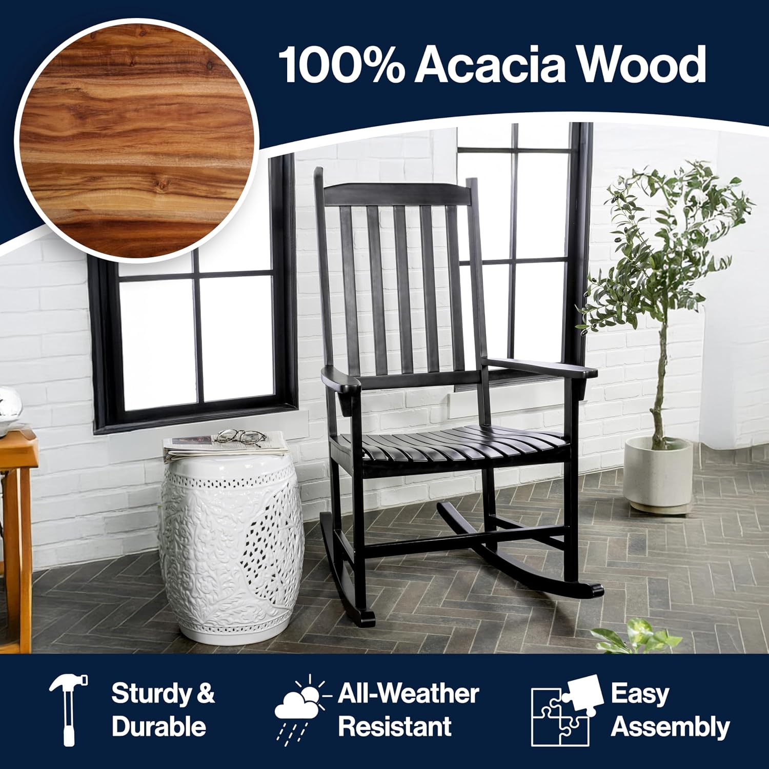 JONATHAN Y RCK300E Seagrove Farmhouse Classic Slat-Back 350-LBS Support Acacia Wood Outdoor Rocking Chair Traditional, Coastal, Cottage, Vintage, Shabby Chic, Black