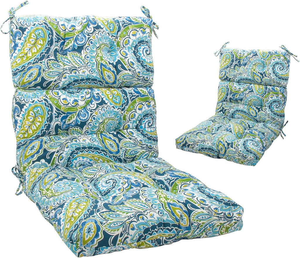 Magpie Fabrics Indoor Outdoor Tufted High Back Chair Cushion Set of 2, Waterproof All-Weather Deep Seating Rocking Chair Patio Chaise Lounge Sun Lounger Chair Cushions(Paisley Lapis Green)