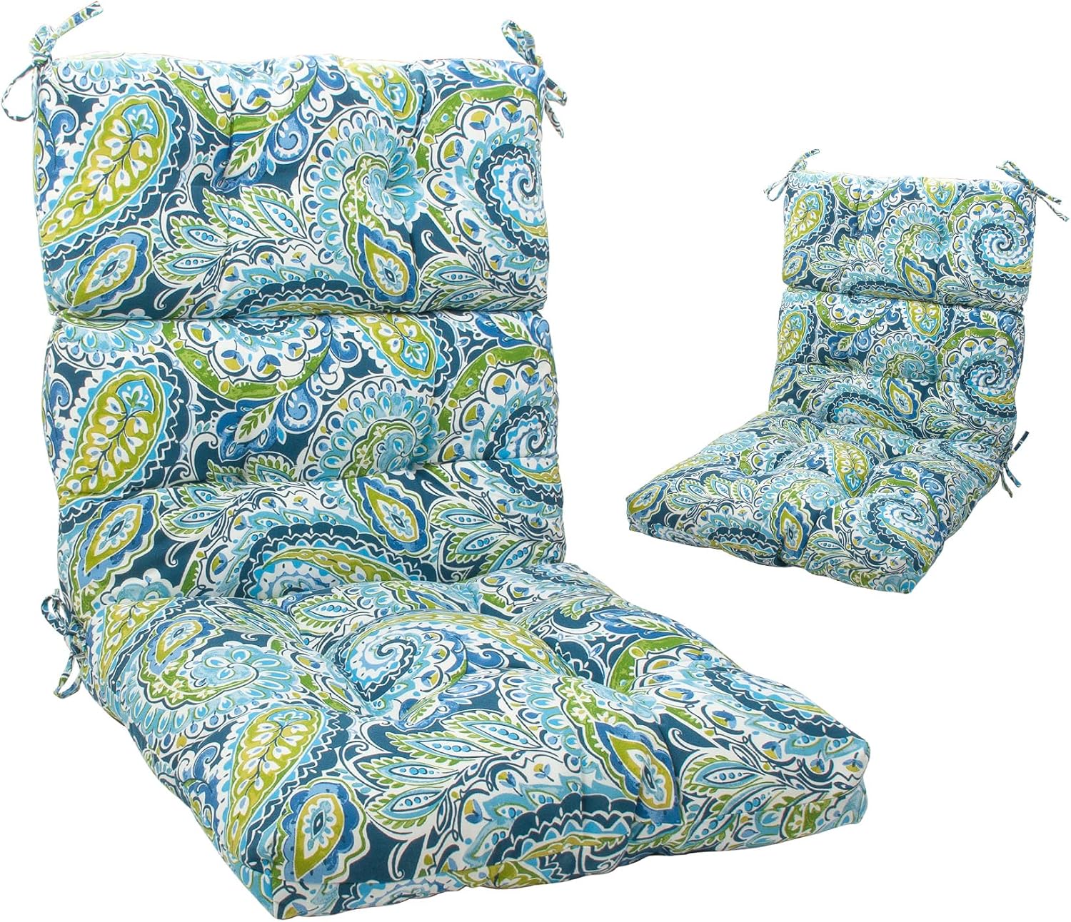 Magpie Fabrics Indoor Outdoor Tufted High Back Chair Cushion Set of 2, Waterproof All-Weather Deep Seating Rocking Chair Patio Chaise Lounge Sun Lounger Chair Cushions(Paisley Lapis Green)
