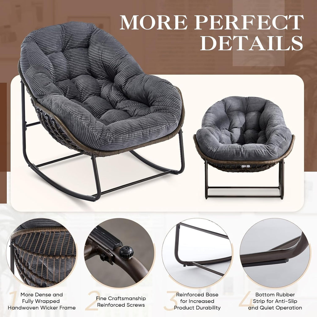 Oversized Indoor Rocking Chair Set of 2, Comfy Corduroy Rocking Papasan Chair with Thick Cushion and Frame, Large Wicker Rocker Egg Chair Reading Chair for Living Room,Bedroom,Lounge, Dark Grey