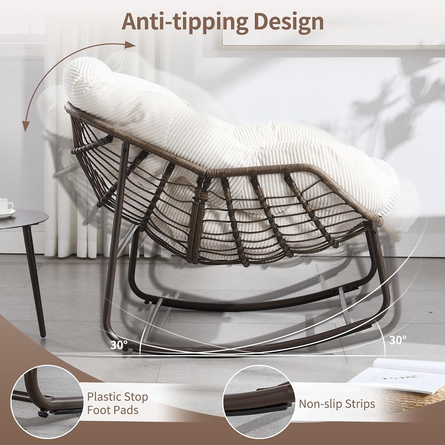 HOMEFUN Outdoor Patio Rocking Chairs Set of 2, Oversized Papasan Rock Chair Indoor with Striped Velvet Padded Cushion - Rocker Egg Seat for Front Porch, Garden, Patio, Backyard White