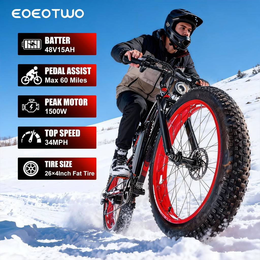 Electric Bike, 1500W Peak 30/33 MPH 26' Fat Tire Electric Bicycle, 60/70 Miles Snow Off-Road E Bike for Adults, Removable Battery, Dual Brake, 7 Speed