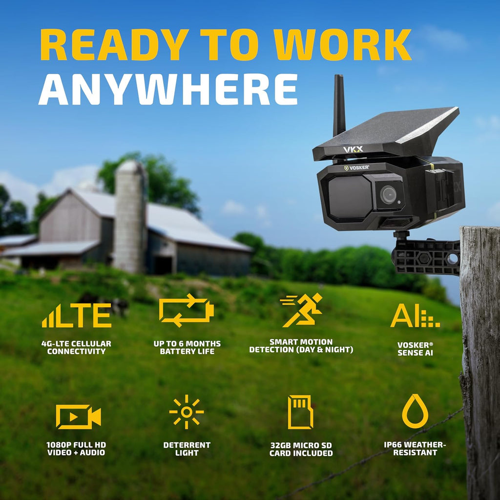 Vosker VKX Farmers Pack Solar 4G LTE Security Camera, Wireless Outdoor Surveillance for Farms, Sheds and Rural Properties, No Wi-Fi Needed, SIM Card Included Night Vision, IP65 Weather-Resistant