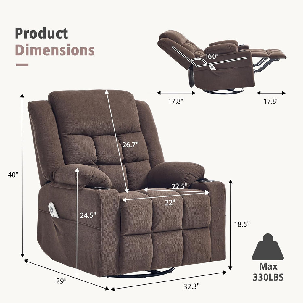 Ketaiyou Swivel Rocker Recliner Chair for Adults with Massage and Heat, Cup Holders and Side Pockets, Glider Rocking Reclining Single Sofa Chair for Living Room (Cocoa)