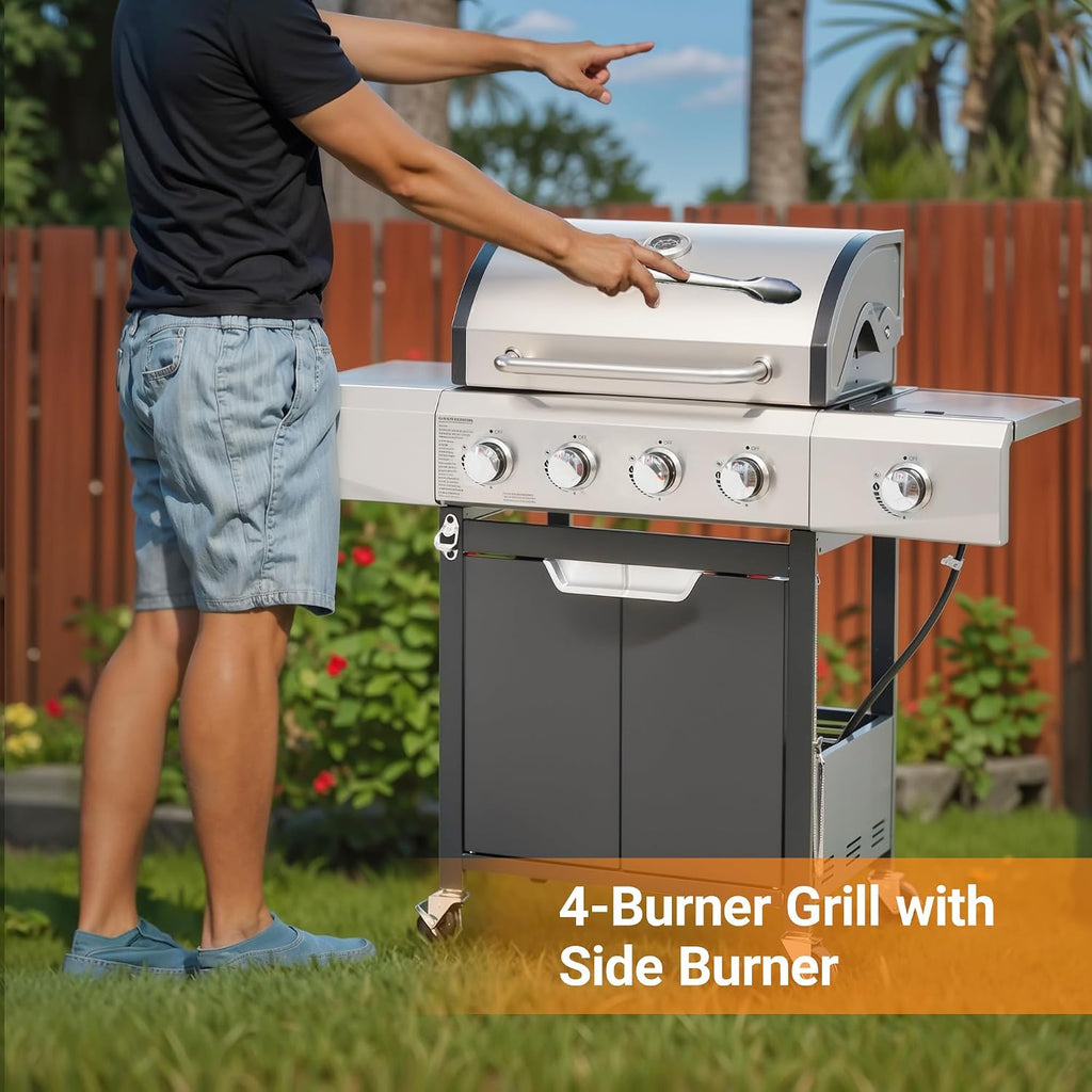 4 Burner Propane Gas Grill 51,000 BTU Stainless Steel Barbecue Grill with Side Burner and Cover Portable Outdoor BBQ Grill Flame Regulator and Steel Wire Insulation Frame for Patio Garden Camping