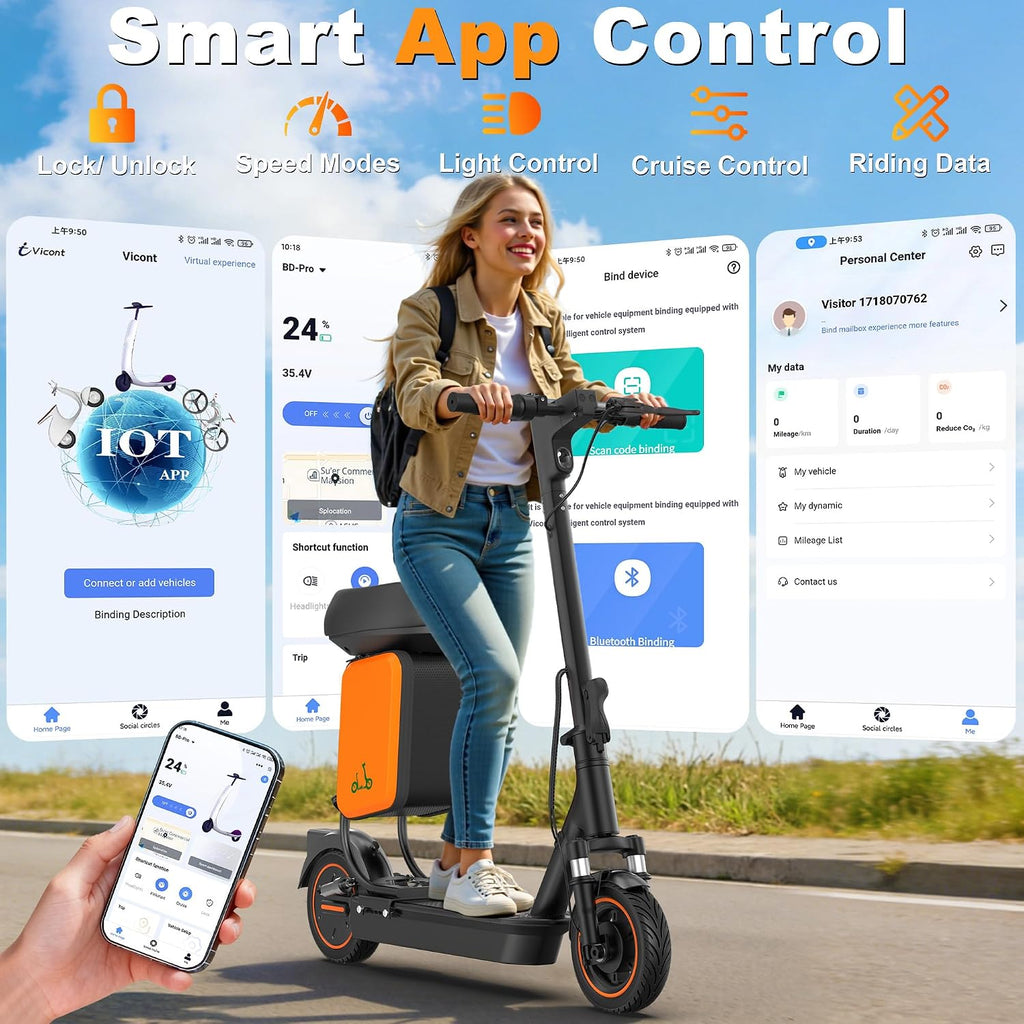 Electric Scooter, 350W/ 500W Motor, 19 MPH to 22MPH, 21 to 40 Miles Range, Dual Suspension, Dual Braking, App Control, Foldable Commuter E Scooter for Adults and Teens