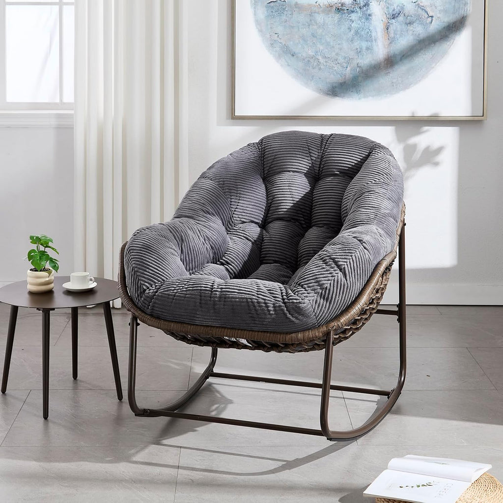Rattan Rocking Chair for Indoor Outdoor Patio Oversized Wicker Egg Chair, Grey
