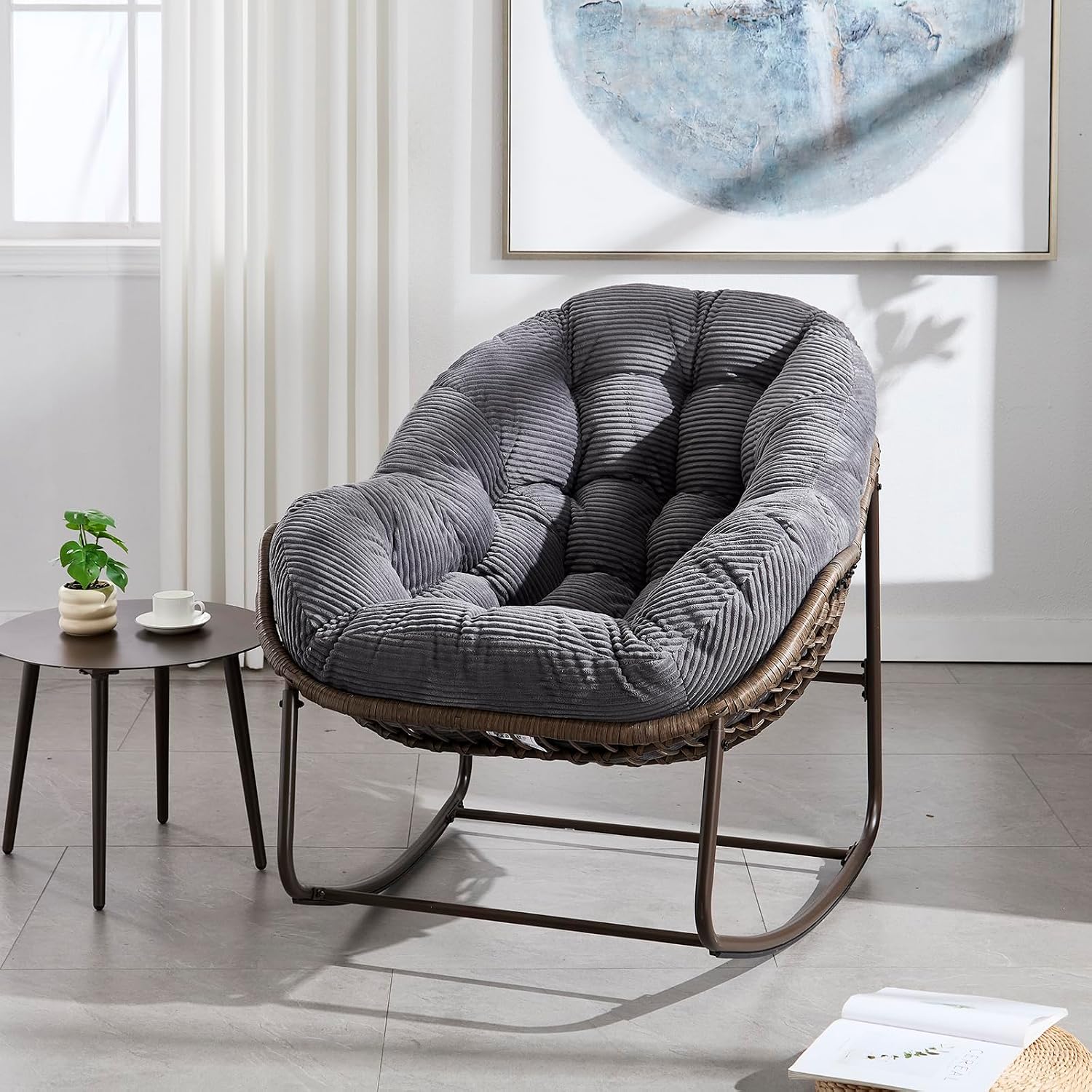 Rattan Rocking Chair for Indoor Outdoor Patio Oversized Wicker Egg Chair, Grey