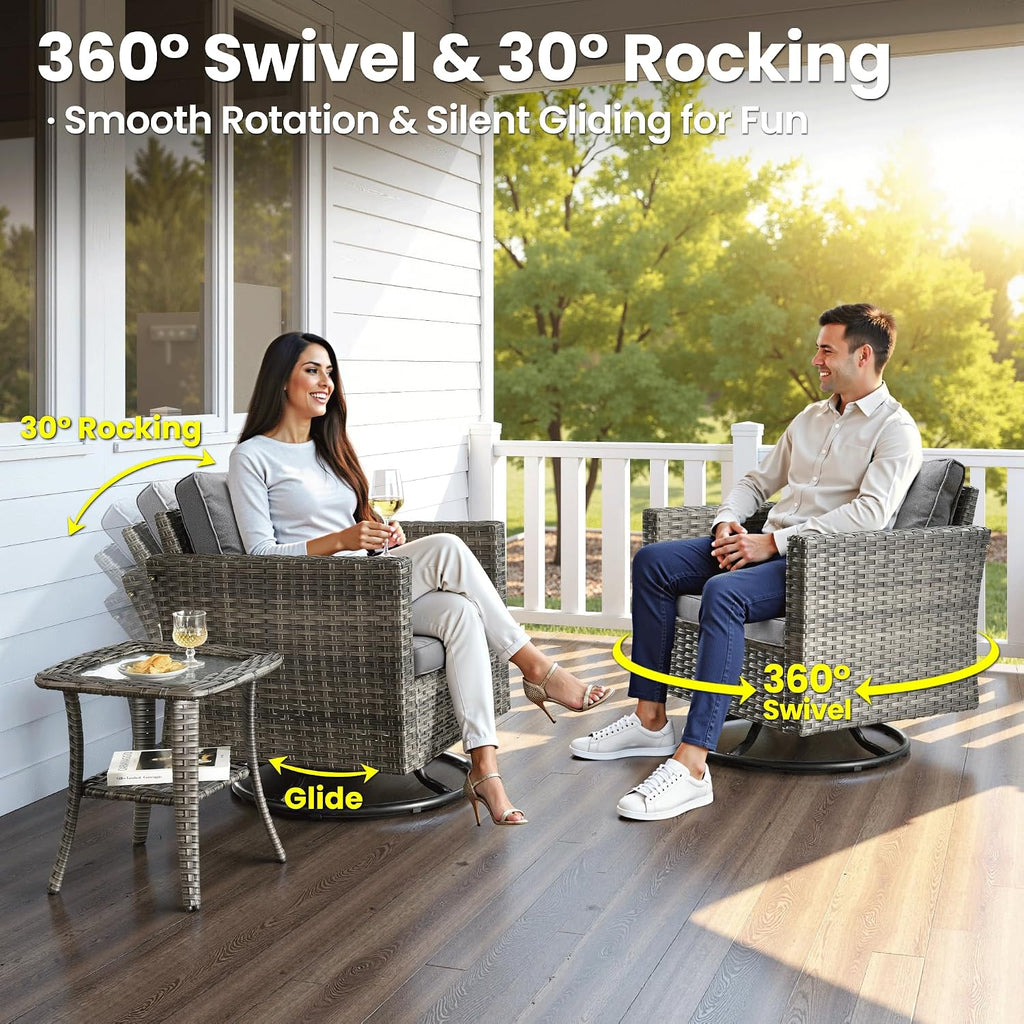 ovios 3 Pieces Patio Swivel Chairs with Side Table, Outdoor Wicker Rocking Chairs of 2 with Comfy Cushions, Rattan Glider Rocker Bistro Set for Porch Deck, Dark Grey