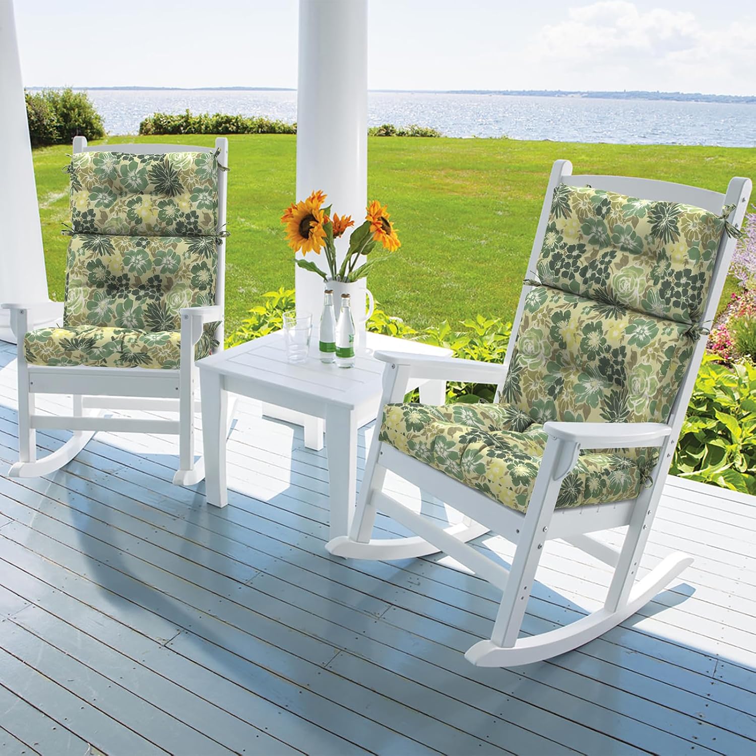 DYTXIII Outdoor High Back Chair Cushions Set of 2, Water Repellent Tufted Rocking Seat Cushions Replacement 44 x 22 Inch, Seat & Back Chair Pads for Patio, Balcony and Indoor Use -Green Rose