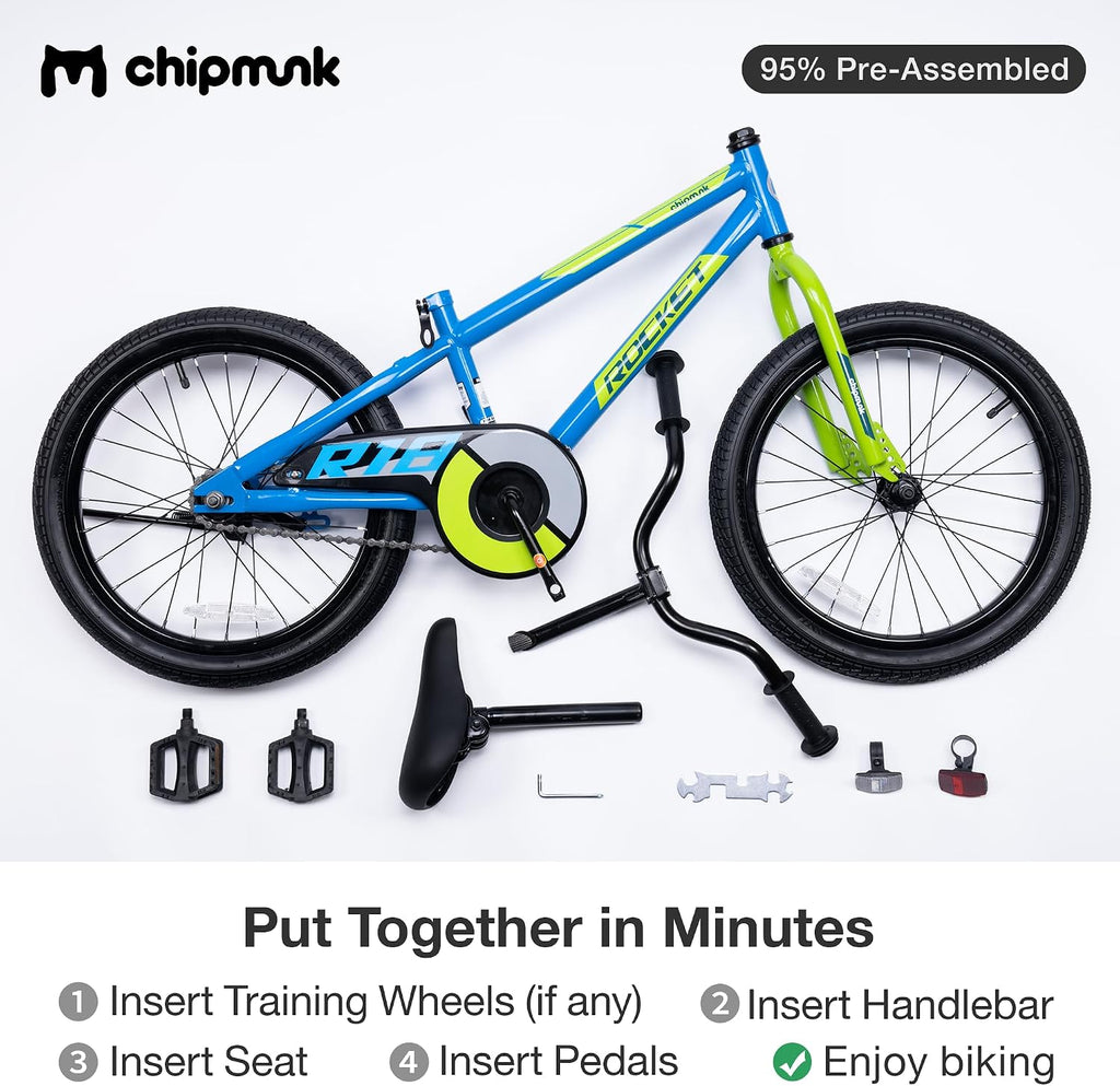Chipmunk Rocket Kids Bike Toddlers 18 Inch Wheel Bicycle Beginners Boys Girls Ages 6-9 Years with Training Wheel, Multiple Colors