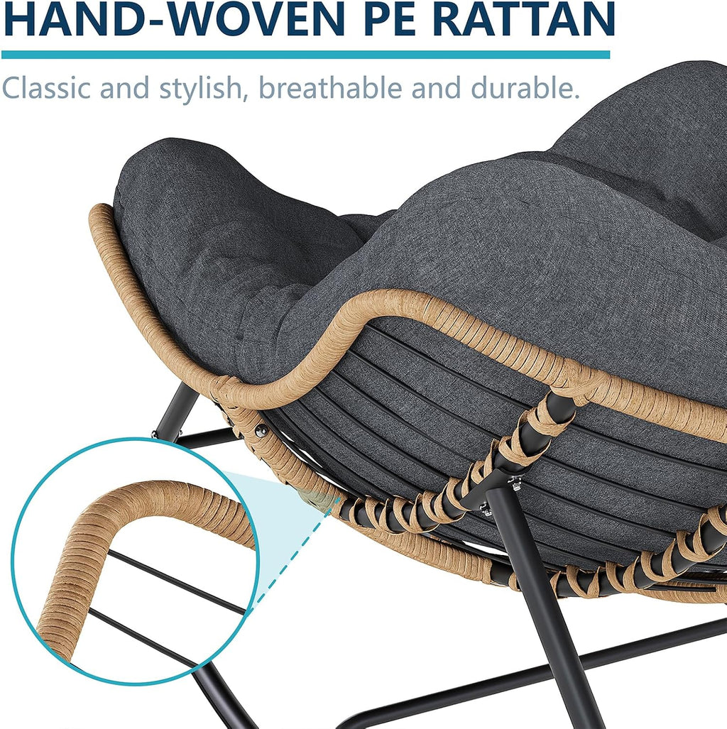 LEYCAY Outdoor Rocking Chair, Oversized Papasan Chair, Indoor Comfy Lounge Rocker with Cushion for Patio, Living Room, Porch, Balcony-Dark Grey