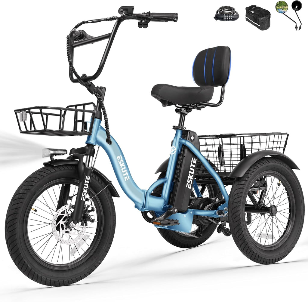 ESKUTE E Trike Electric Bike, Peak 1200W Brushless Motor Folding Trike 18X3.0 Fat Tire Ebike, 624Wh Removable Battery, Step-Thru 3 Wheel Electric Bicycle, Up to 55 Miles, 18MPH+ Tricycle for Adults