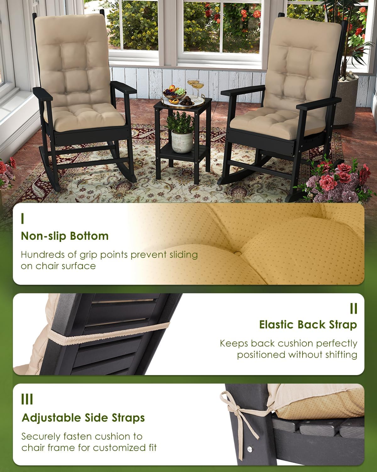 GREENVINES Rocking Chair Cushions Set of 4 | Polyester | Waterproof | Outdoor High Back Rocker Chairs Cushion | Seat with Ties | Non-Slip | Thickened Pad for Patio | 46.5' x 18.5' x 4.3' | Beige