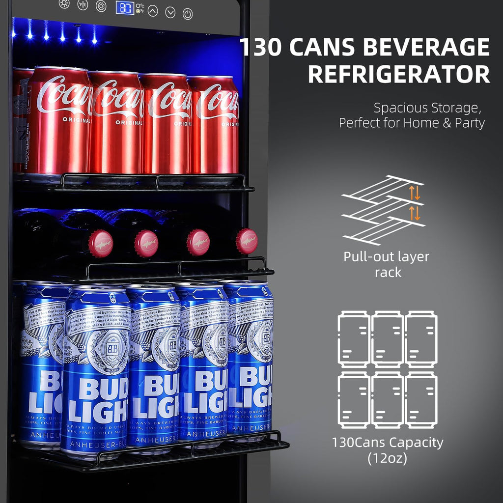 ORYMUS 15 Inch Beverage Refrigerator, 130 Cans Drink Fridge with Glass Door & Lock, Under Counter or Freestanding Beverage Cooler for Soda, Beer & Water, Upgraded Quiet Compressor, Memory Temp, Black
