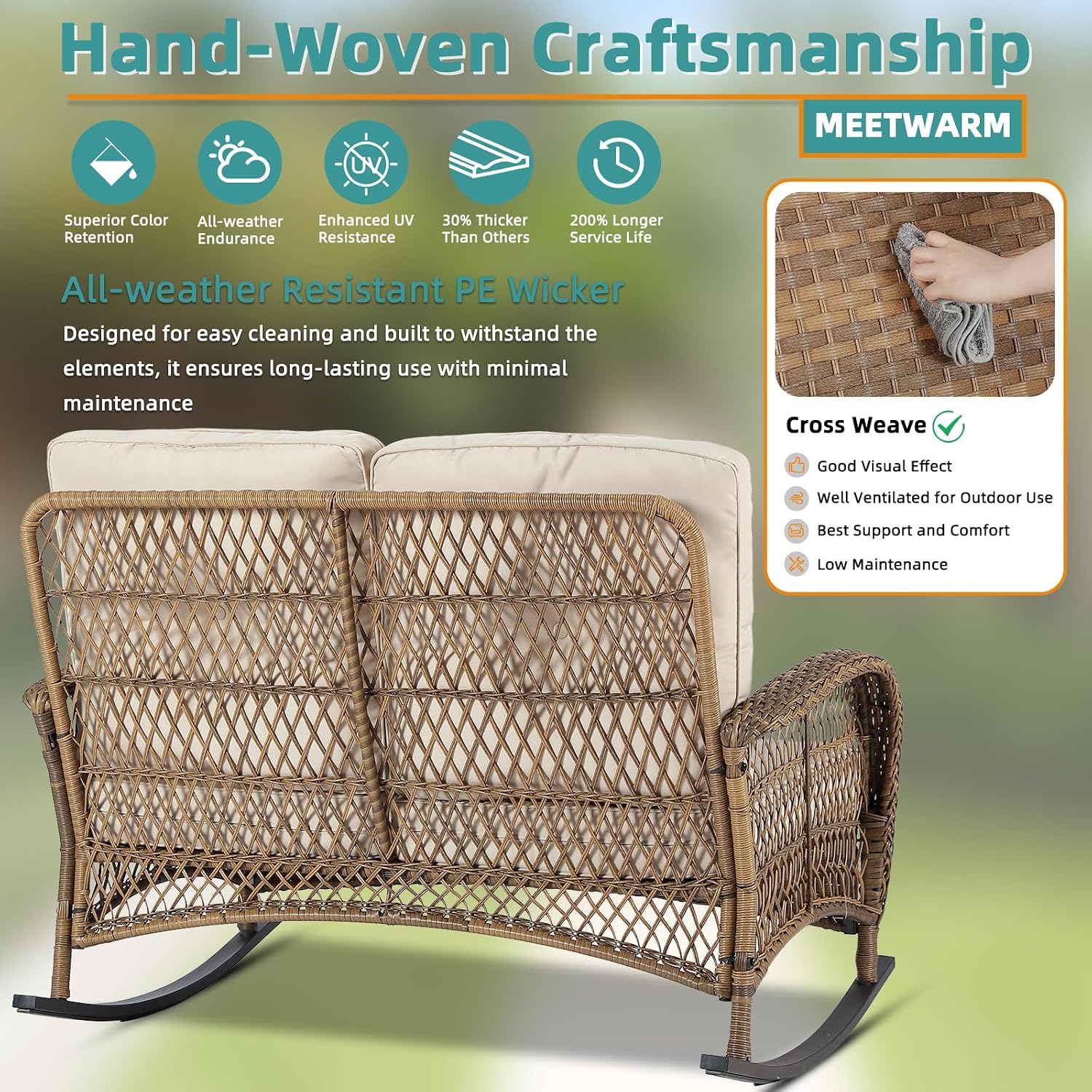 MEETWARM Wicker Patio Rocking Loveseat, Oversized Outdoor Double Rocking Chair with Cushions and High Back，All-Weather 2 Seat Sofa Bench Rocking Wicker Furniture for Garden Balcony Porch, Brown/Beige