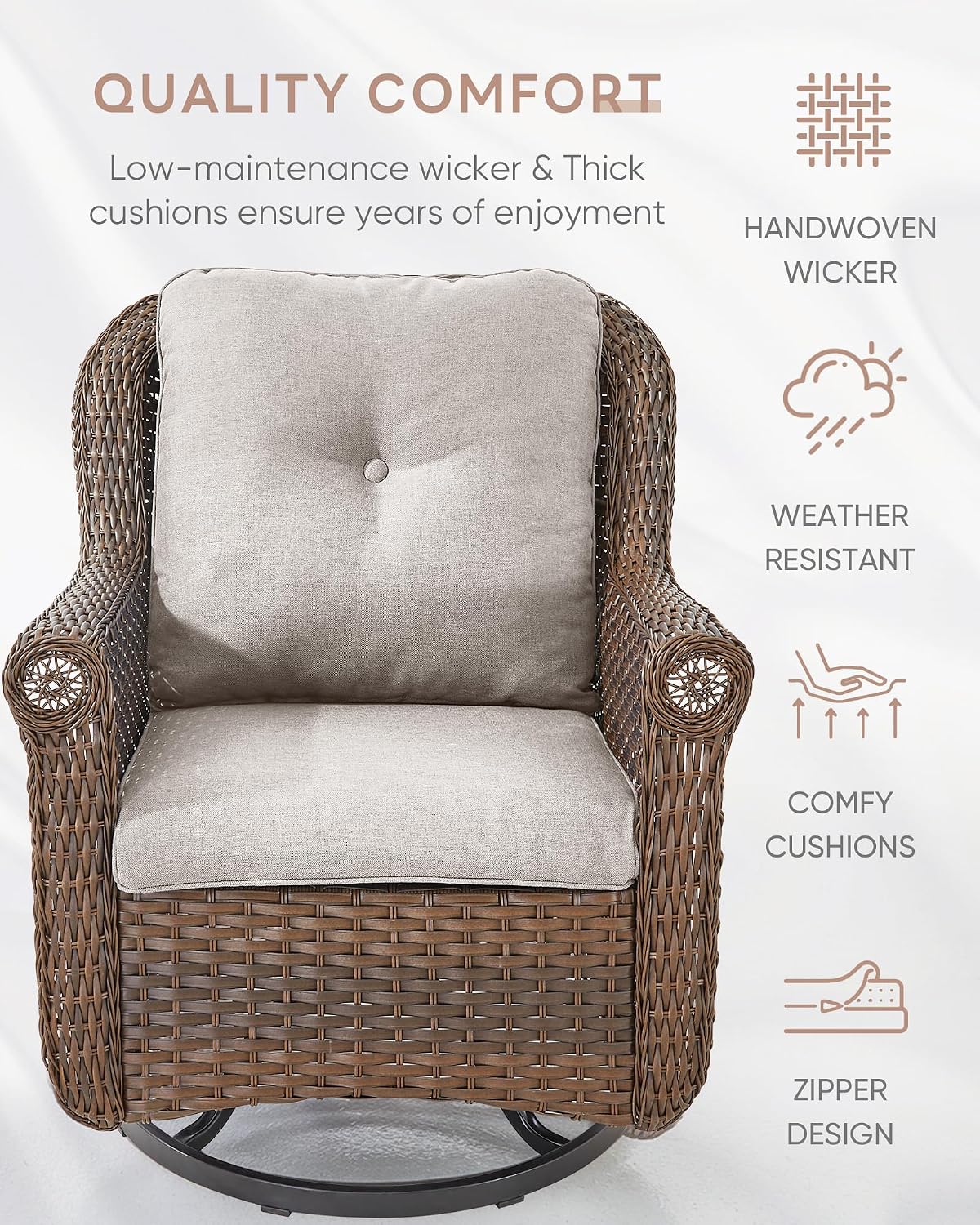 Patio Chairs Outdoor Swivel Glider - Set of 4 High Back Outside Brown Wicker Rattan Rocking Chair with Thick Cushion for Porch Apartment Deck Yard Poolside Garden - Beige