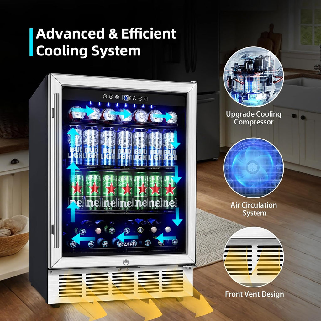 24 Inch Beverage Refrigerator, 180 Cans Built-in Beverage Cooler with Glass Door, Under Counter or Freestanding Drink Fridge with LED Light & Adjustable Shelves For Home Bar Office - Silver
