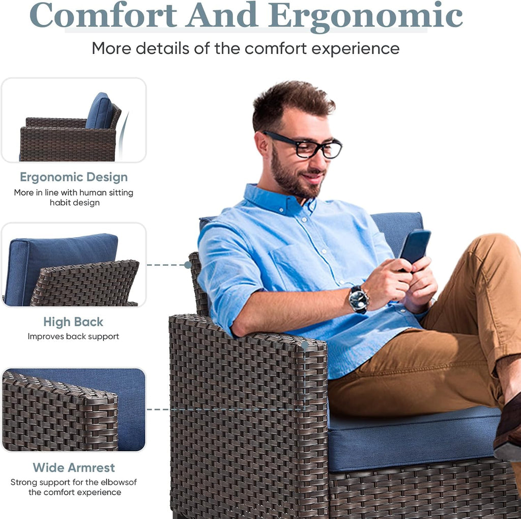 Patio Swivel Chairs,360 Degree Outdoor Swivel Glider Chair Set of 2 with High Back and Thickened Cushions for Deck Porch Garden Backyard-Brown/Blue