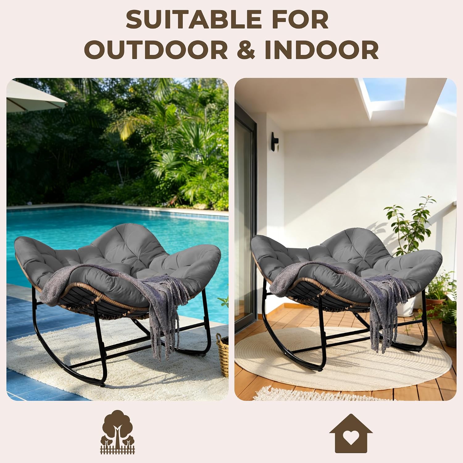 Papasan Rocking Chair for Outdoor & Indoor, Oversized Patio Rocking Chair with Cushions & Steel Frame, Wicker Egg Lounge Chair, Comfy Reading Chair for Patio, Deck, Porch (Grey, Style 2)