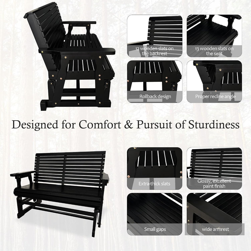 Fortune Candy Wooden Patio Glider with High Roll Back and Deep Contoured Seat, Solid Fir Wood, 2-Seater, Heavy Duty 800 LBS, 4 Ft. (Carbon Black)