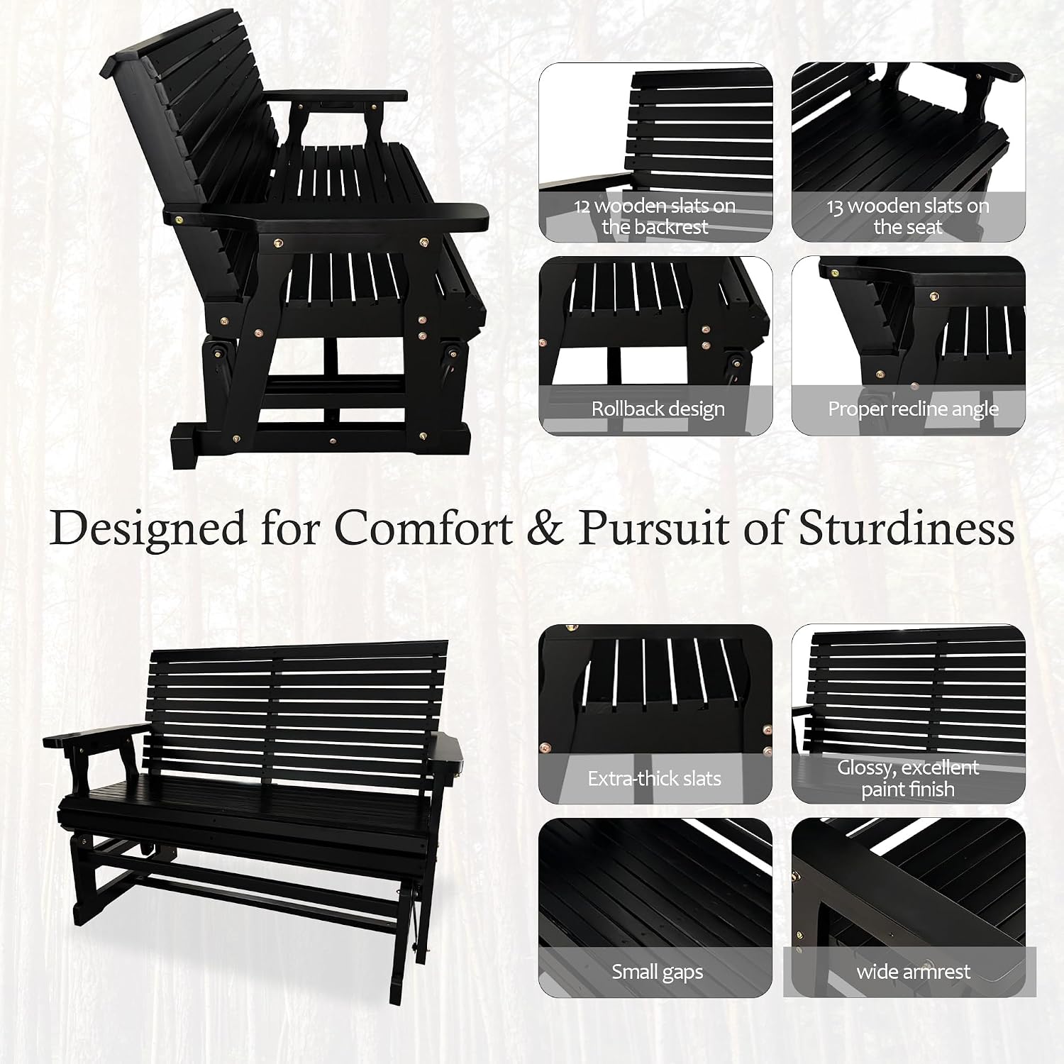 Fortune Candy Wooden Patio Glider with High Roll Back and Deep Contoured Seat, Solid Fir Wood, 2-Seater, Heavy Duty 800 LBS, 4 Ft. (Carbon Black)