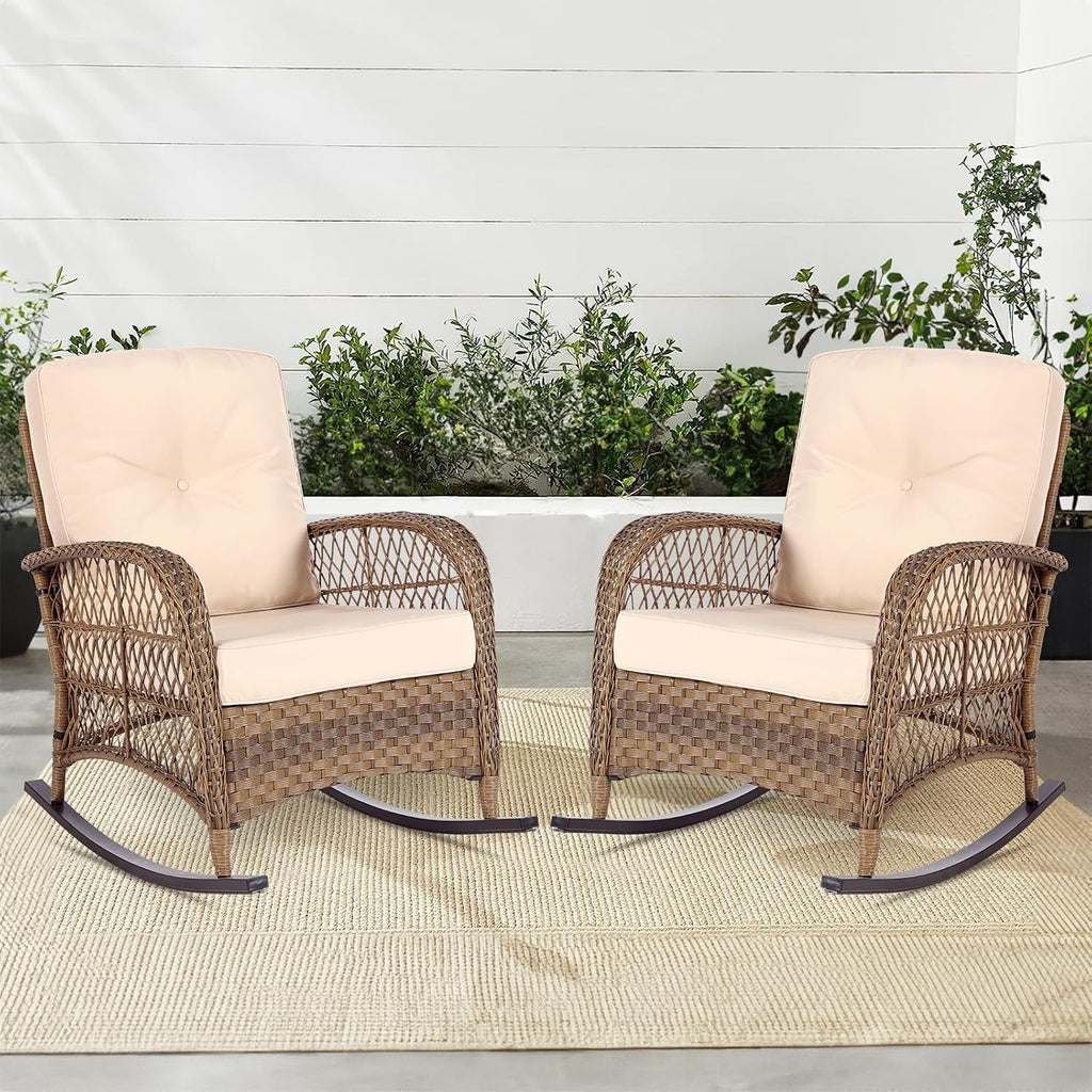 MEETWARM Outdoor Wicker Rocking Chairs Set of 2, Rattan Patio Rocker Chairs with Thick Cushions and High Back, All-Weather Patio Wicker Chair with Safe Rocking Design for Garden, Brown/Beige