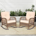 MEETWARM Outdoor Wicker Rocking Chairs Set of 2, Rattan Patio Rocker Chairs with Thick Cushions and High Back, All-Weather Patio Wicker Chair with Safe Rocking Design for Garden, Brown/Beige