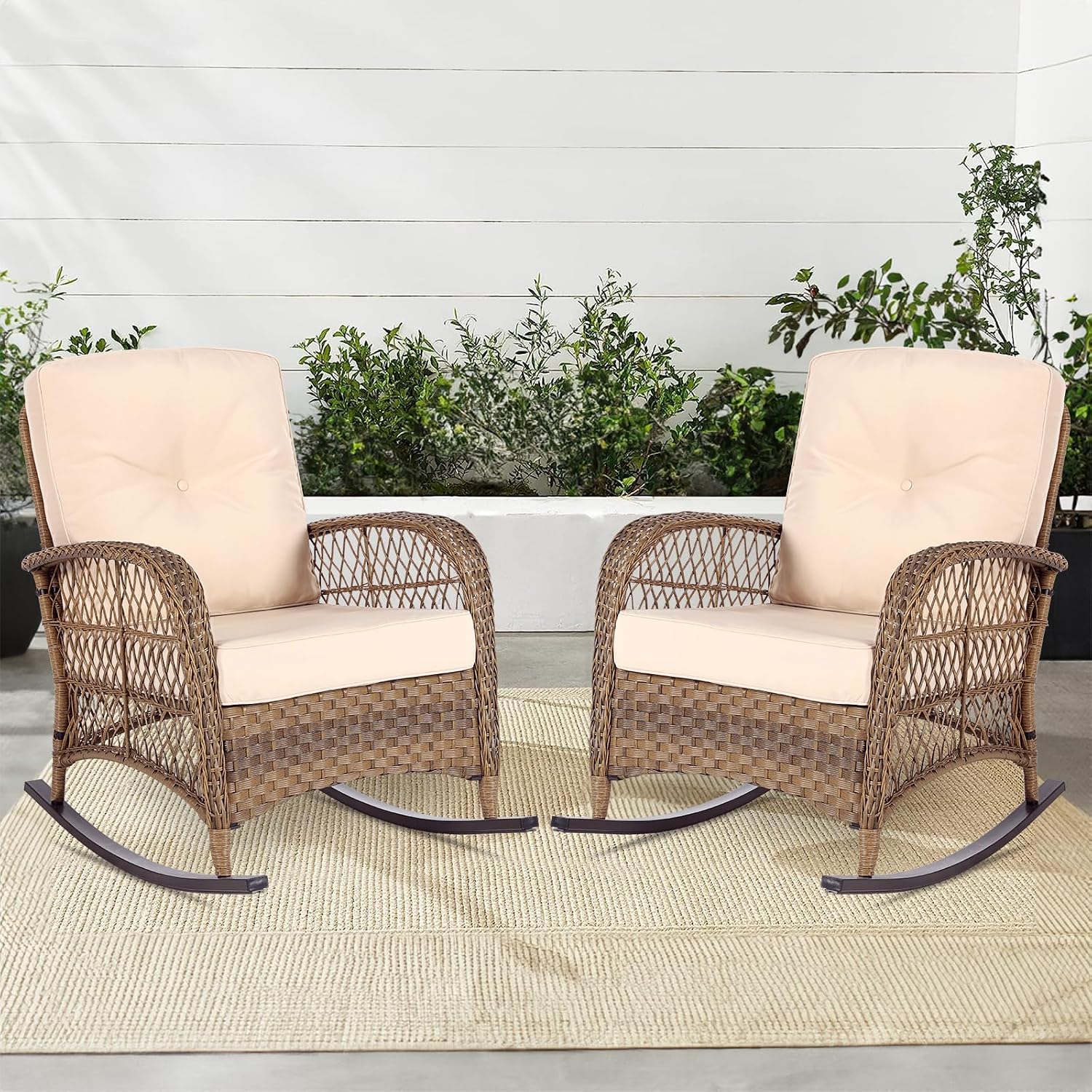 MEETWARM Outdoor Wicker Rocking Chairs Set of 2, Rattan Patio Rocker Chairs with Thick Cushions and High Back, All-Weather Patio Wicker Chair with Safe Rocking Design for Garden, Brown/Beige