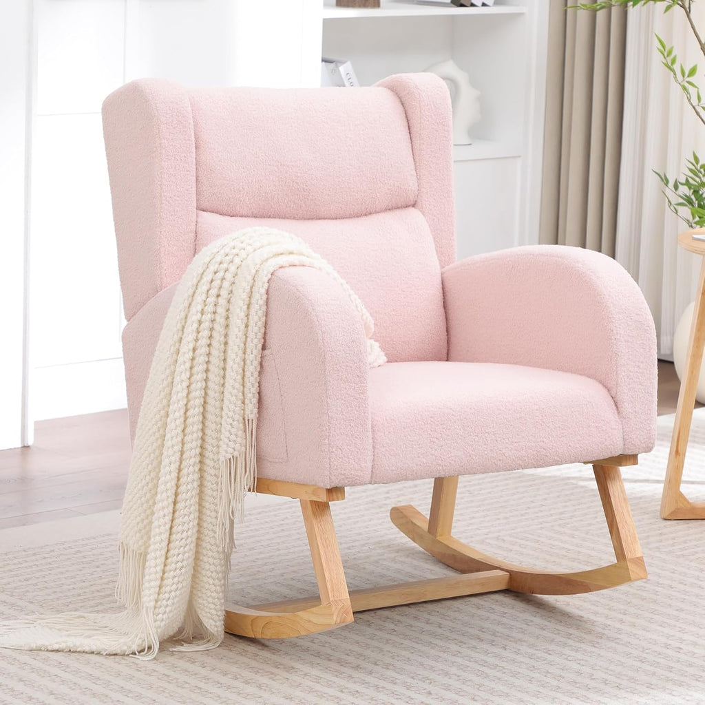 HCHAIRH Nursery Rocking Chair,Wingback Nursery Rocking Chairs,Nursing Glider Rocker Chair with High Back for Living Room Bedroom(Teddy Pink)