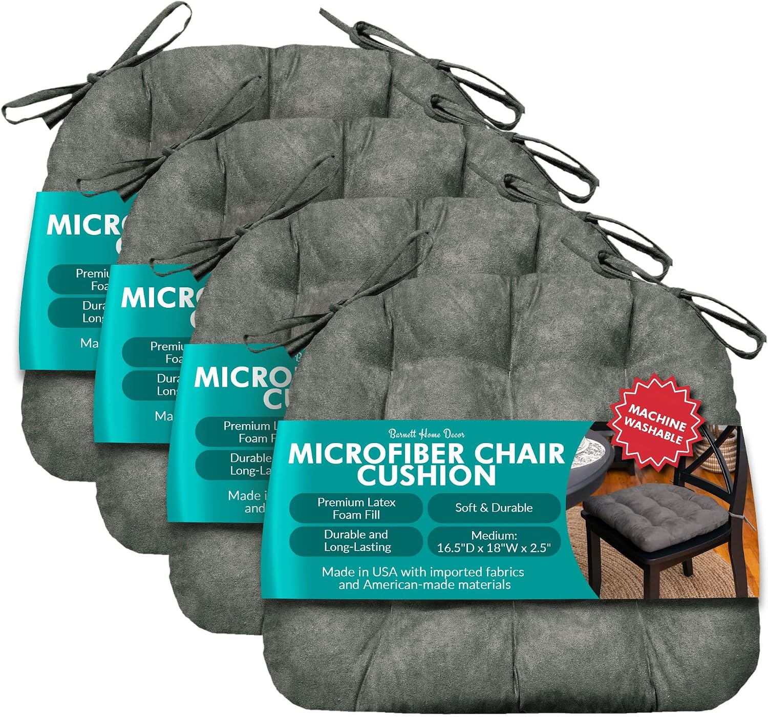 Barnett Home Decor Microsuede Dining Chair Cushions with Ties, 16.5 x 18 Inches, Pack of 4 – Machine Washable, Reversible with Plush Latex Foam Fill for Comfortable Seating – Grey (Gray)