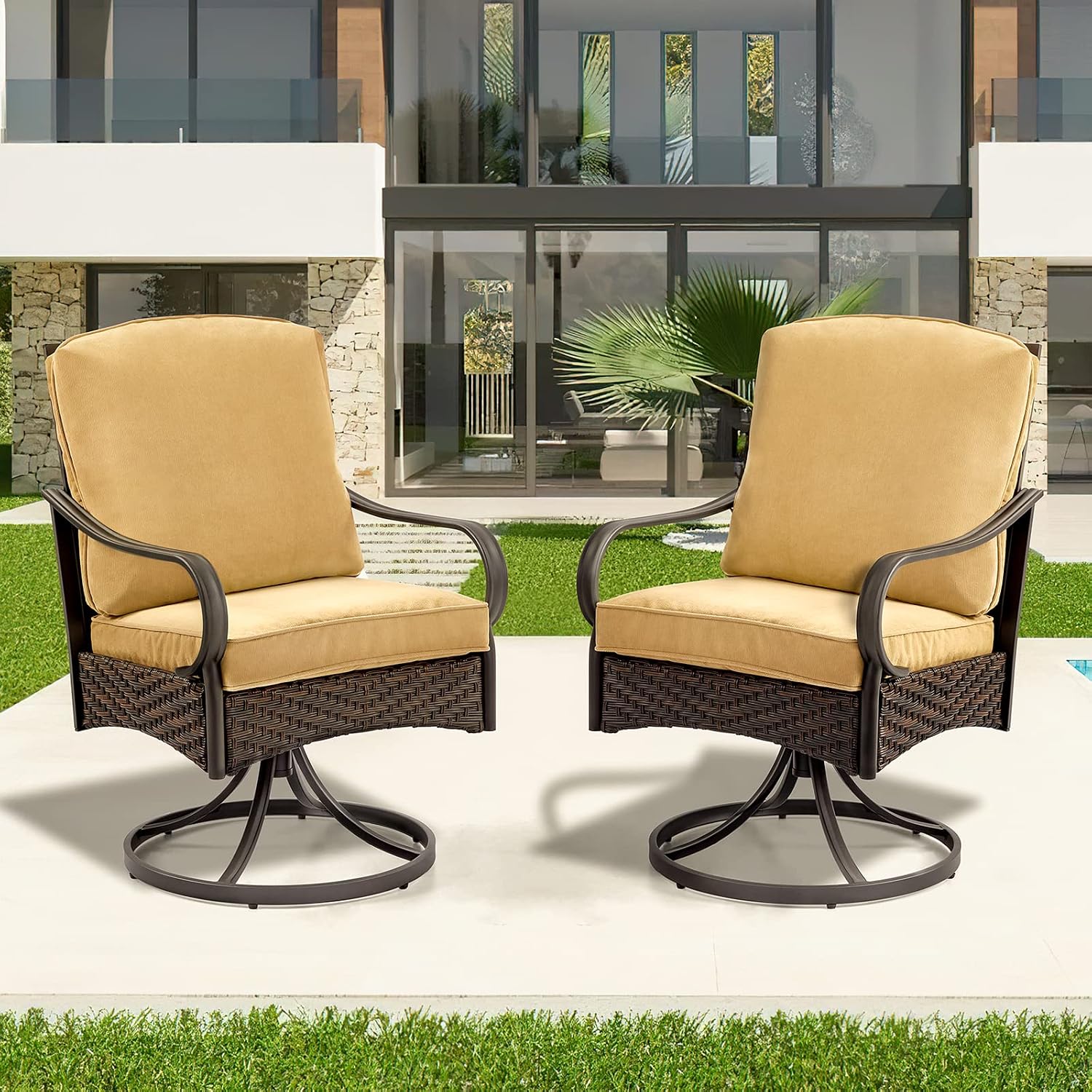 EROMMY Patio Swivel Chairs Set of 2, Outdoor Swivel Chairs with Cushion, Patio Dining Chairs for Garden, Patio, Backyard and Balcony, Khaki