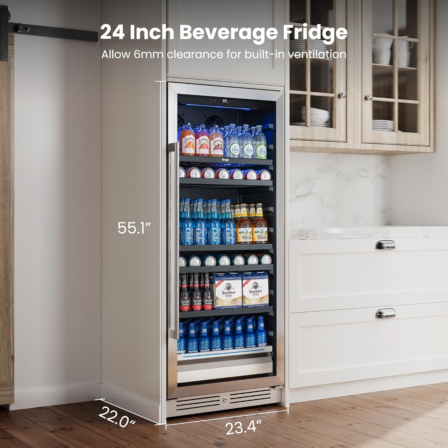 Yeego 24 Inch Beverage Refrigerator, 238 Can Built-In Beverage Cooler with Glass Door & Door Lock, Freestanding Drink Fridge with Digital Temperature Control for Soda, Beer & Wine, Kitchen or Home Bar