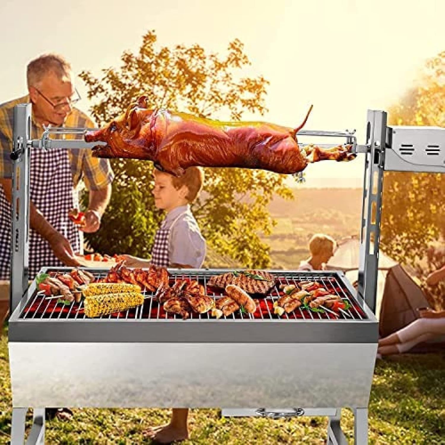 bbq rotisserie grill roaster charcoal roast machine charcoal bearing lamb spit roaster hog roasting machine for outdoor picnic camping height-adjustable,without baffle