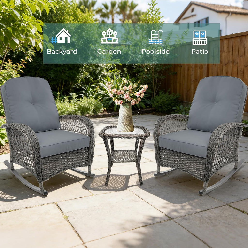 Wicker Rocking Chair Set of 2, 3-Piece Outdoor Patio Rocker Chair with Cushions & Steel Frame, All-Weather Outdoor Rattan Rocking Chair with Side Table for Lawn Porch Garden (Grey, Style 3)