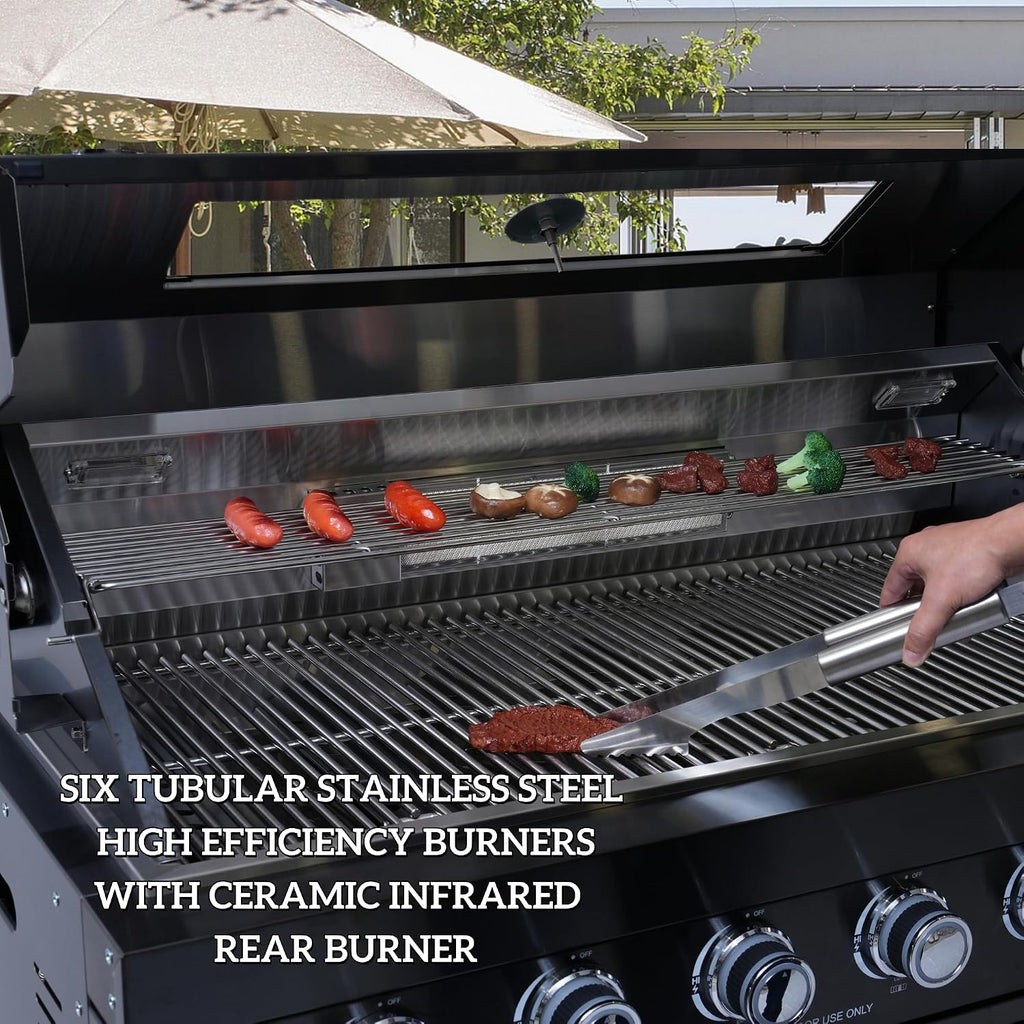 104' Natural Gas Outdoor Kitchen Island - 46-Inch 4-Burner 72,000 BTU Deluxe Stainless Steel Grill Wine Cooler Compact Refrigerator Rotisserie Granite Countertops Stainless steel Sink,Black